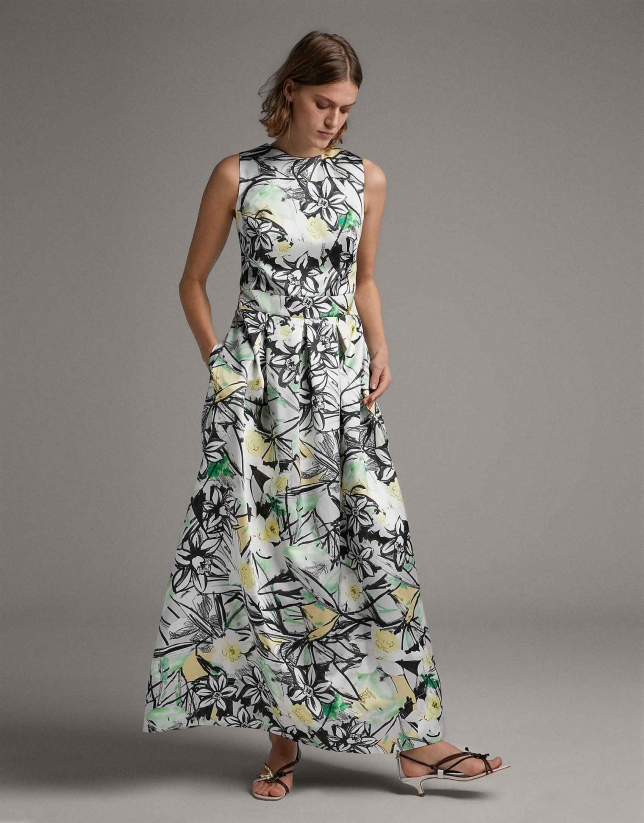 Long party dress with green floral print