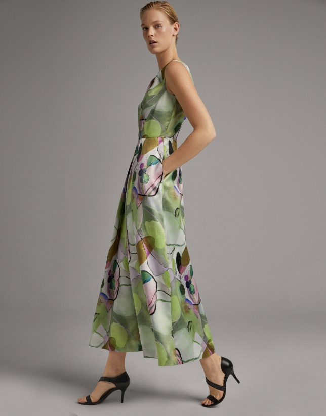 Long party dress with lavender and green print
