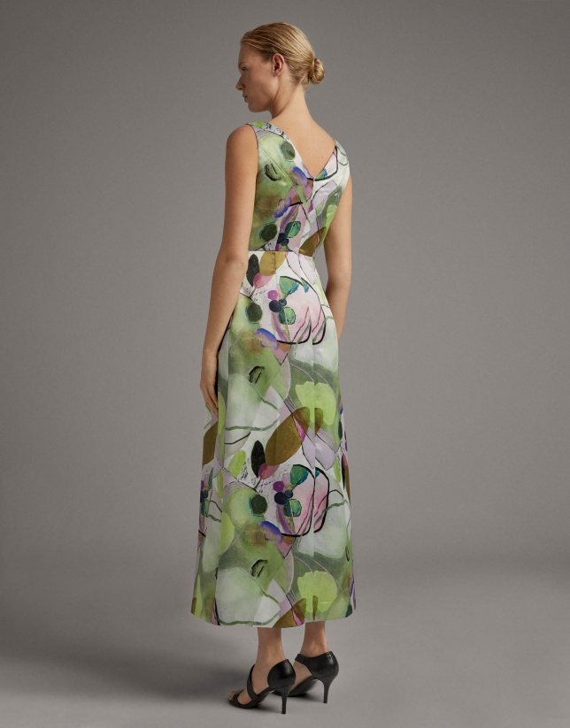 Long party dress with lavender and green print