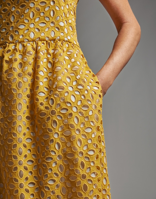 Yellow midi dress with English embroidery