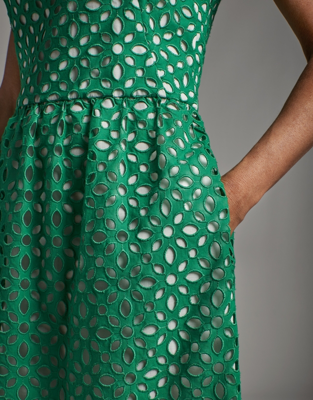 Green midi dress with English embroidery