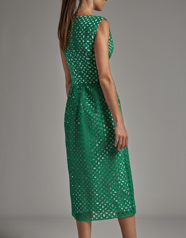 Green midi dress with English embroidery
