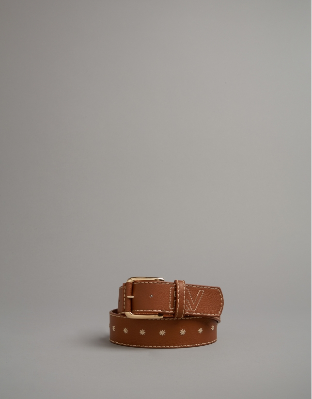 Cinturón piel marrón con bordado RV
