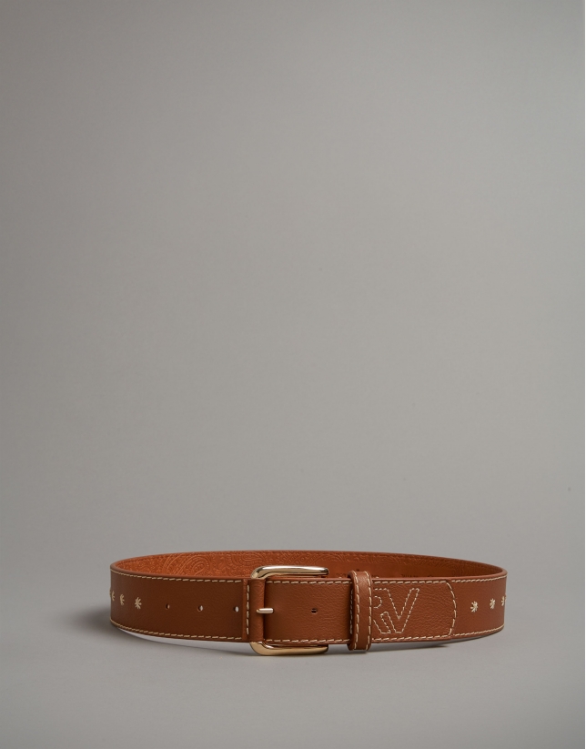 Cinturón piel marrón con bordado RV