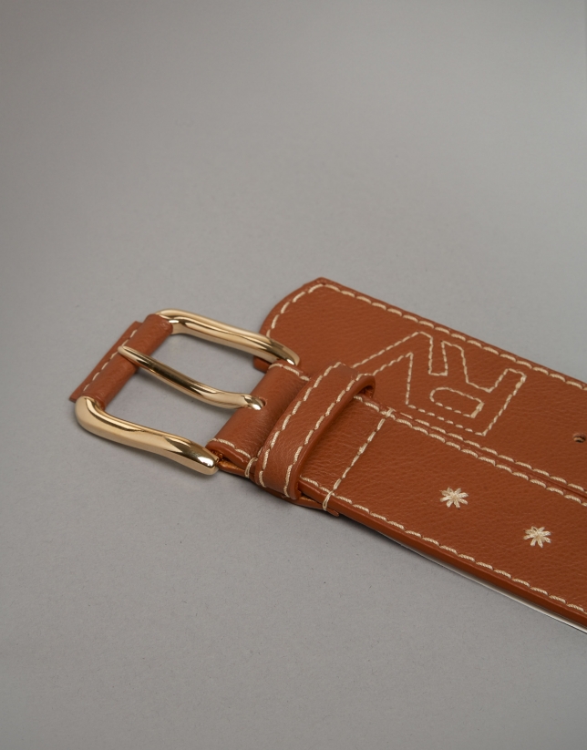 Brown leather belt with embroidered RV logo