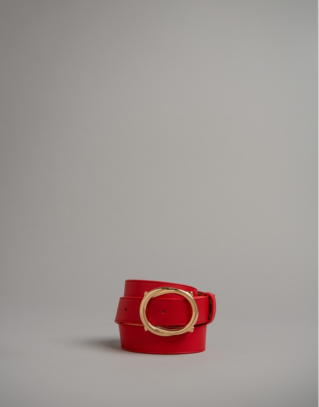 Red leather belt with round buckle