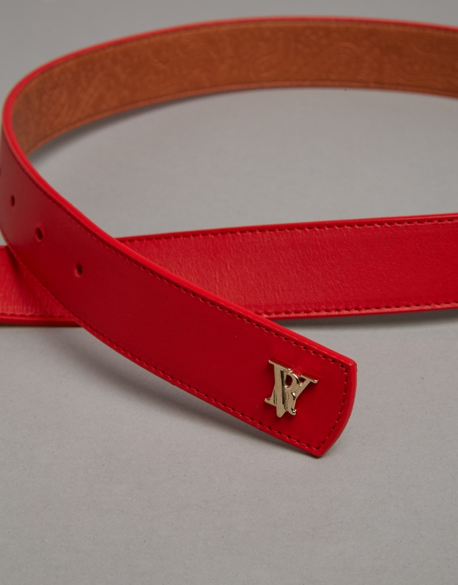 Red leather belt with round buckle