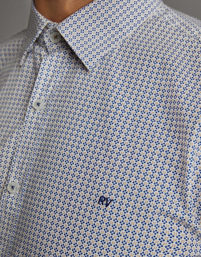 Khaki/blue geometric print men's shirt
