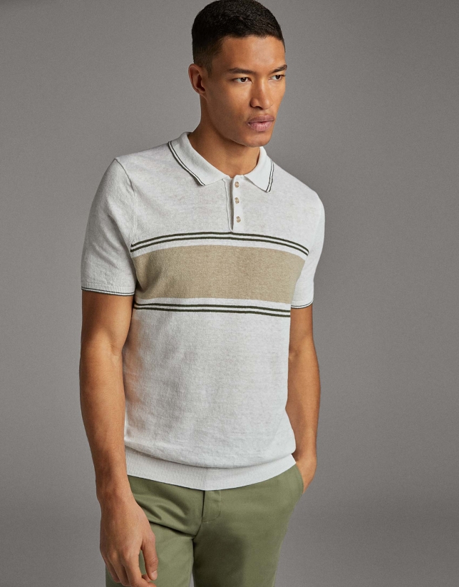 Tan/navy blue striped knit polo shirt