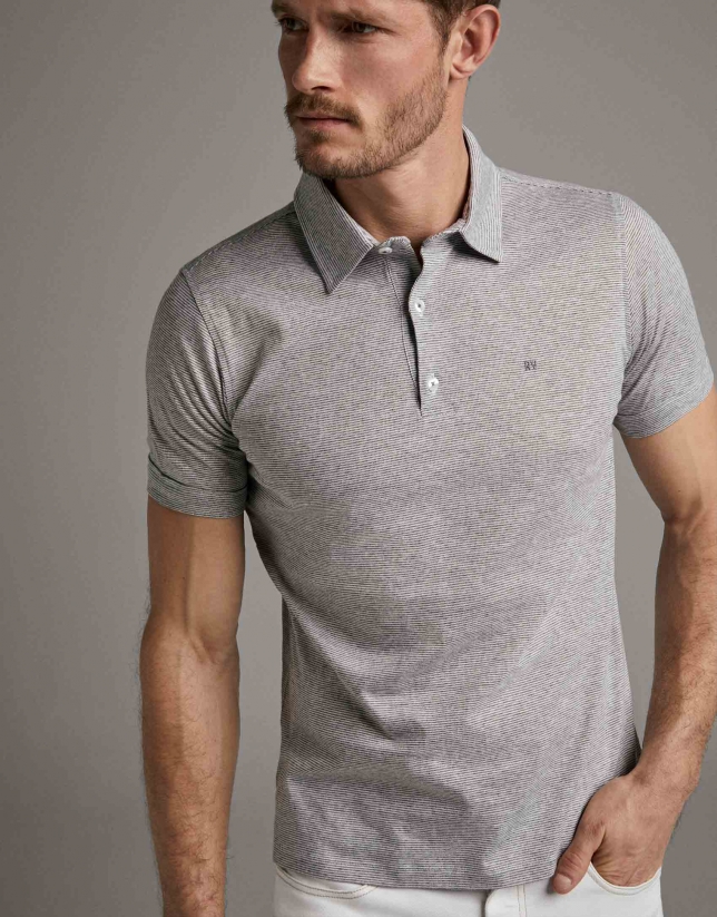 Grey melange pin-striped polo shirt ...