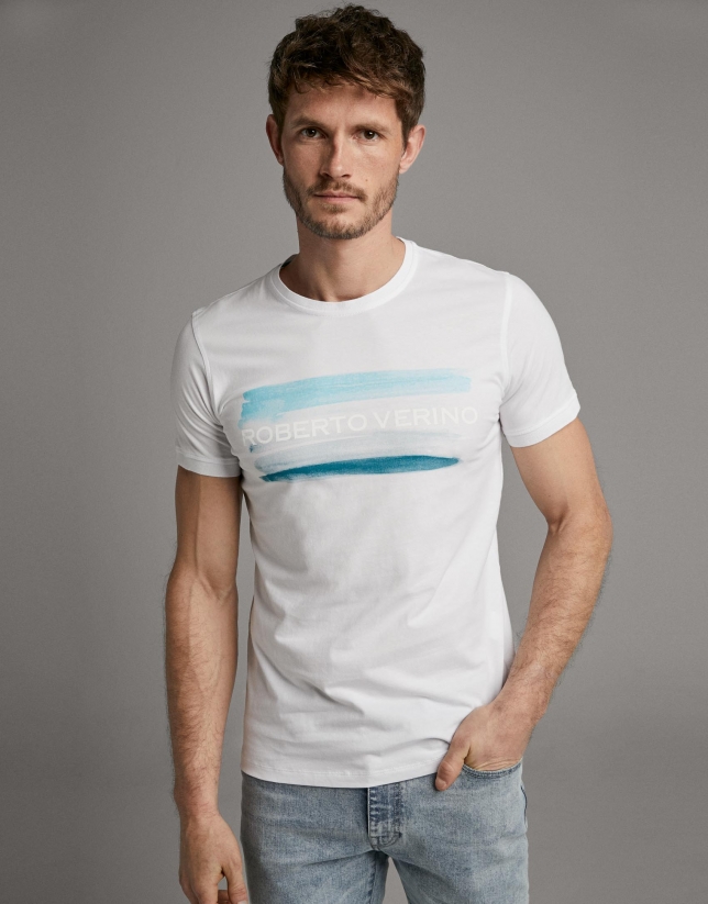 White t-shirt with turquoise brush-strokes