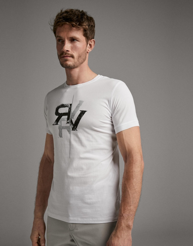 White t-shirt with gray logo