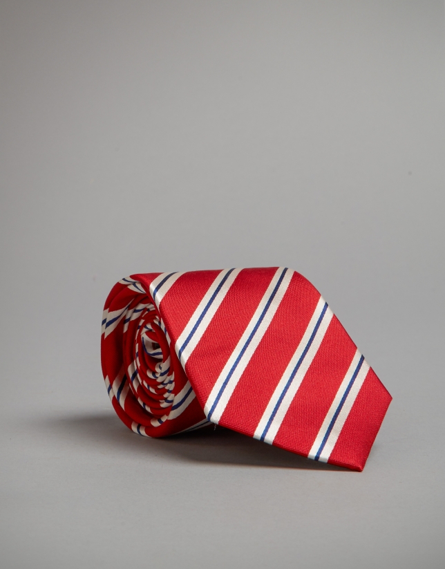 Red tie with navy blue and beige stripes