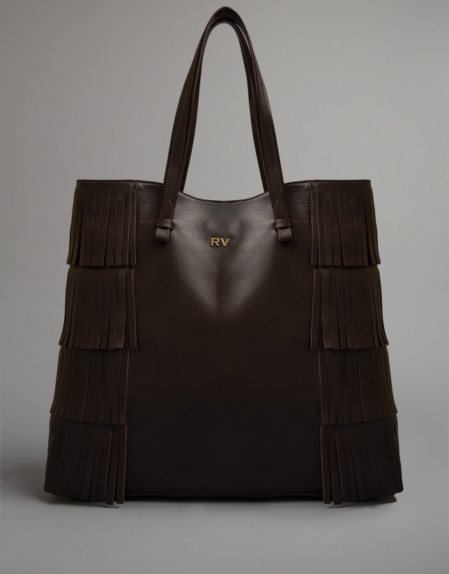 Brown leather Manila shopping bag with fringe