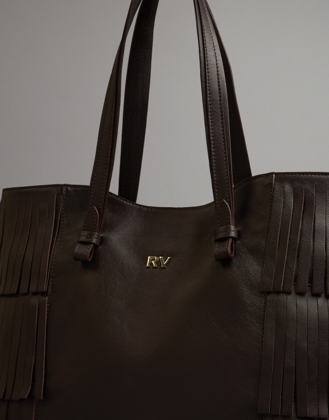 Brown leather Manila shopping bag with fringe