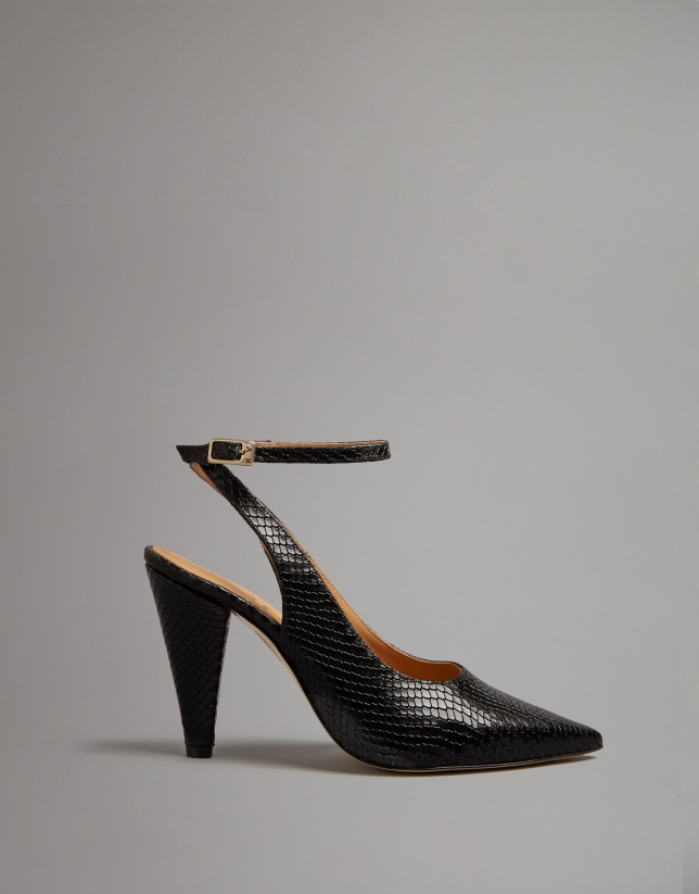 Black embossed snakeskin leather shoes with heels