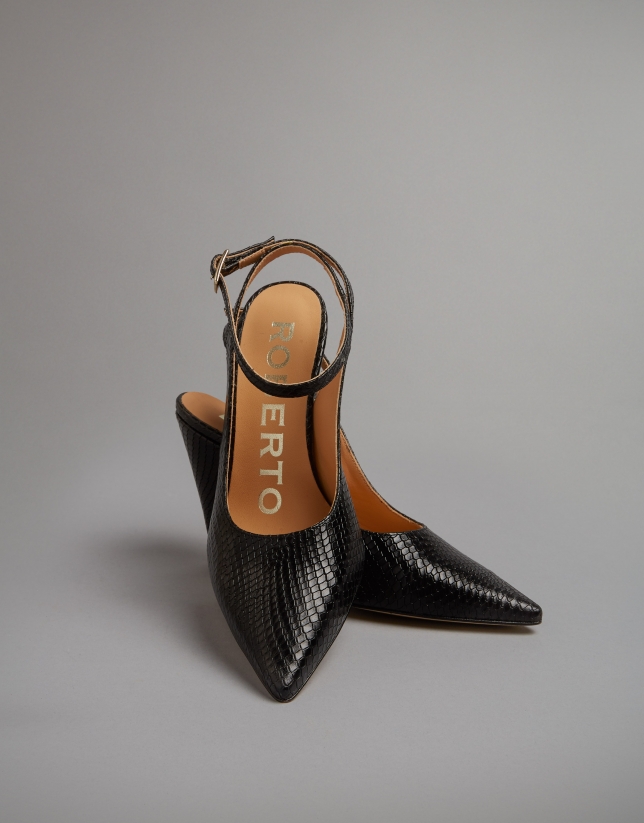 Zapato tacón piel grabado serpiente negra