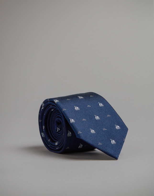 Blue tie with sailboat print