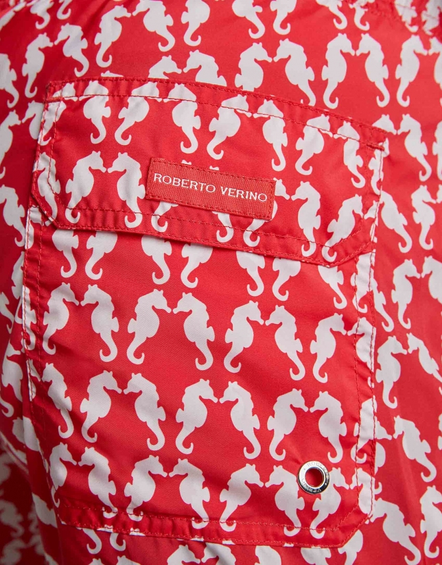 Red, seahorse print swimsuit