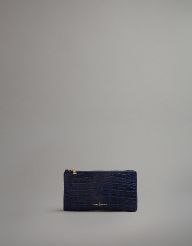 Blue embossed alligator leather flat purse