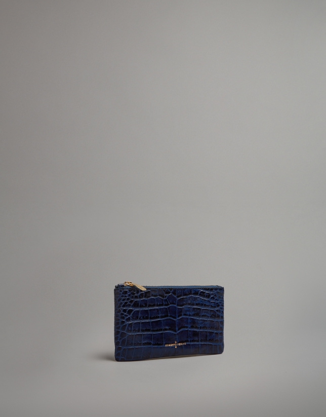 Blue embossed alligator leather flat purse