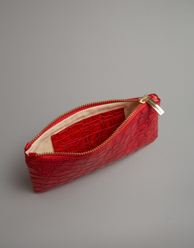 Red embossed alligator leather flat purse
