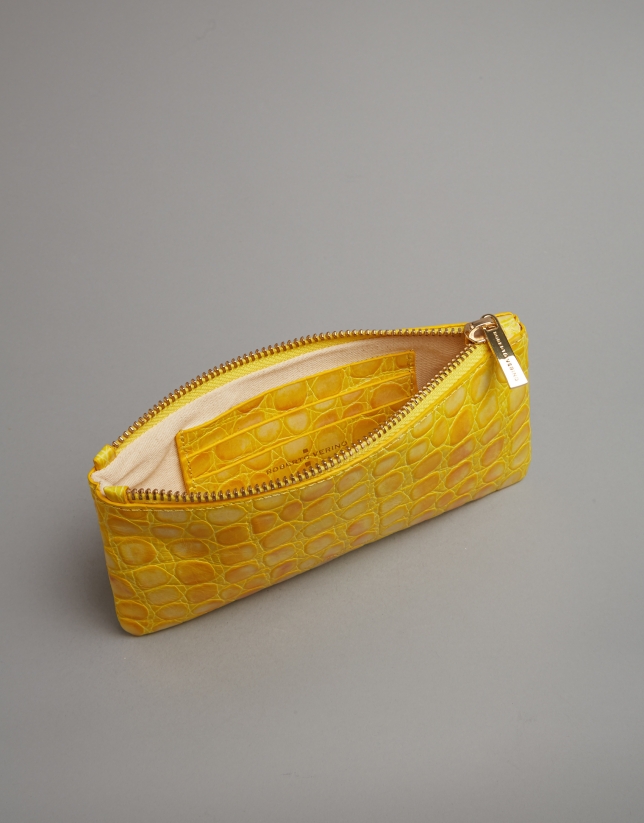 Yellow embossed alligator leather flat purse