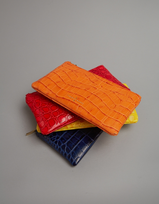 Yellow embossed alligator leather flat purse