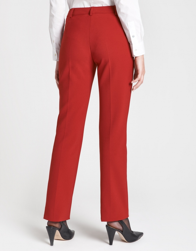 Red back-stitched straight ankle-length pants