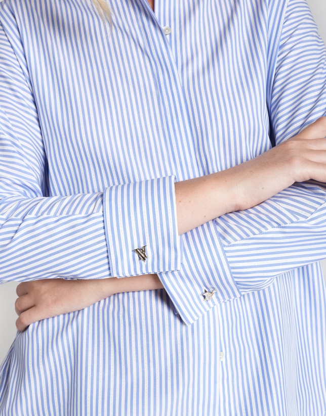 Blue and white striped loose shirt with cufflinks