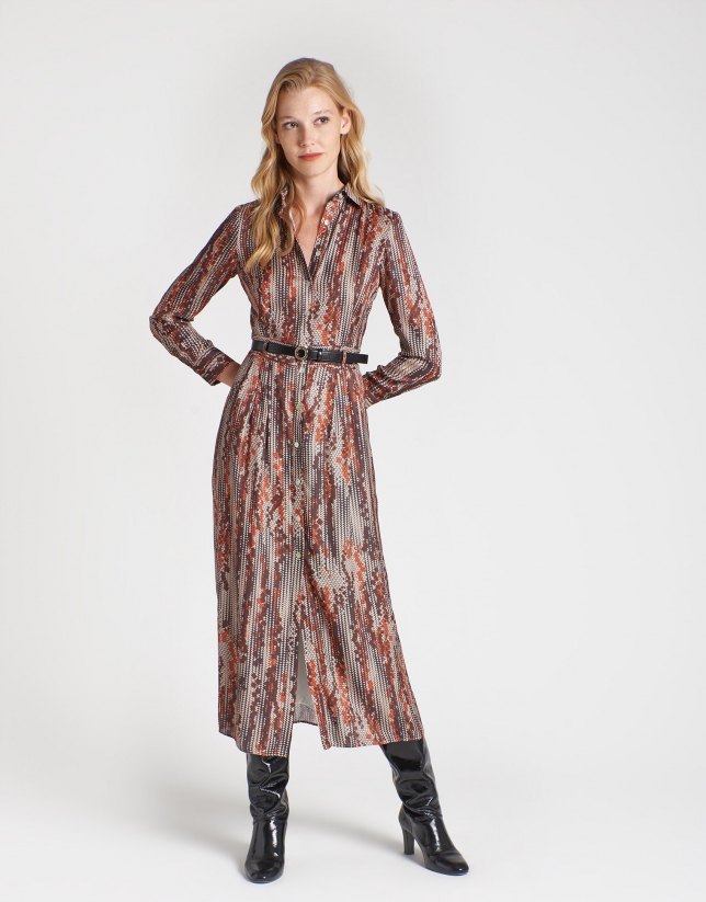 Brown geometric print midi shirtwaist dress