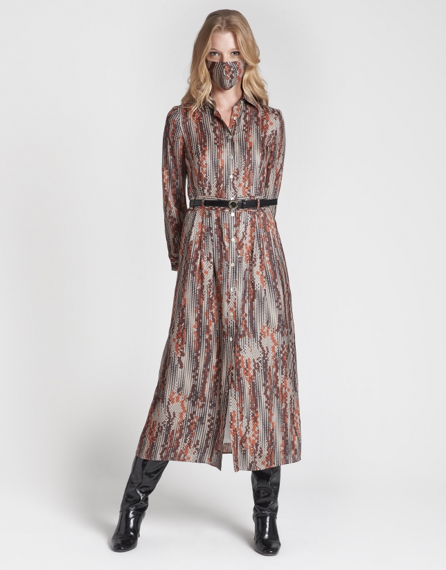 Brown geometric print midi shirtwaist dress