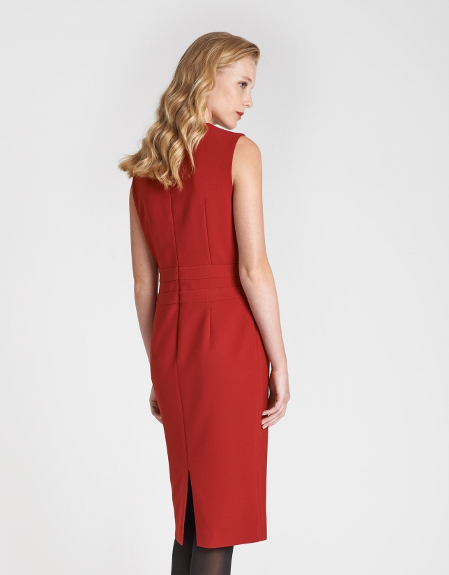 Red sleeveless dress with V neck