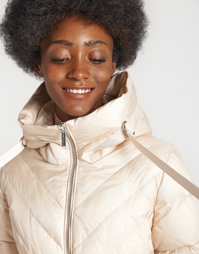 Beige long ski jacket with hood