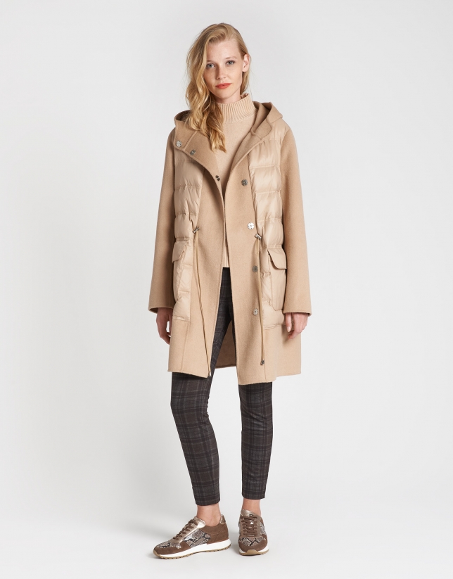 Combination beige wool and quilted coat