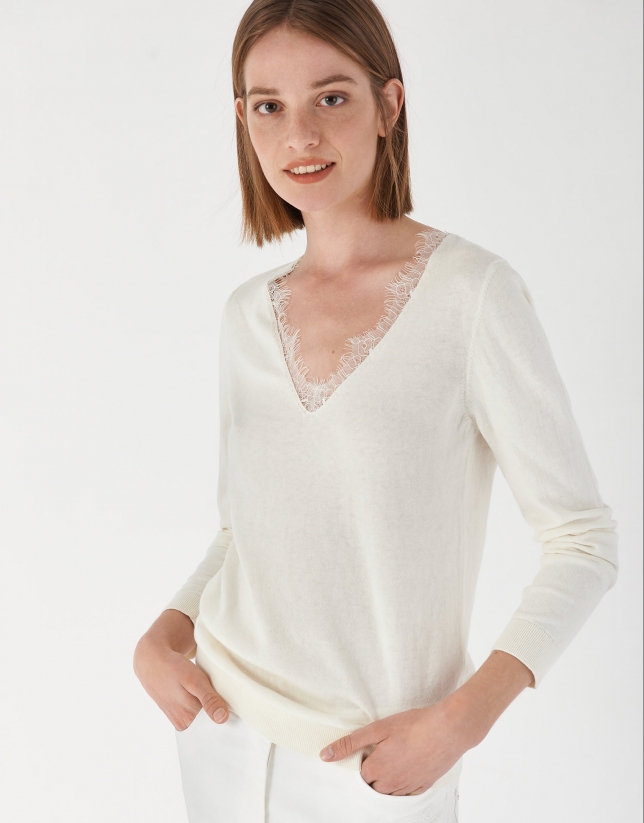 Beige sweater with lace and V-neck