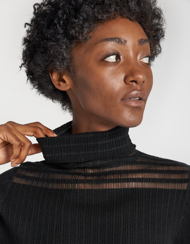 Black ribbed sweater with transparencies