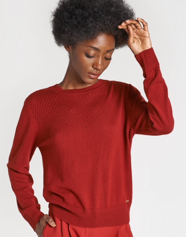 Red openwork sweater