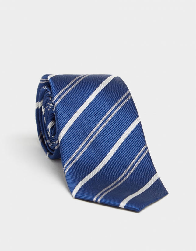 Navy blue silk tie with silver and gray striped design
