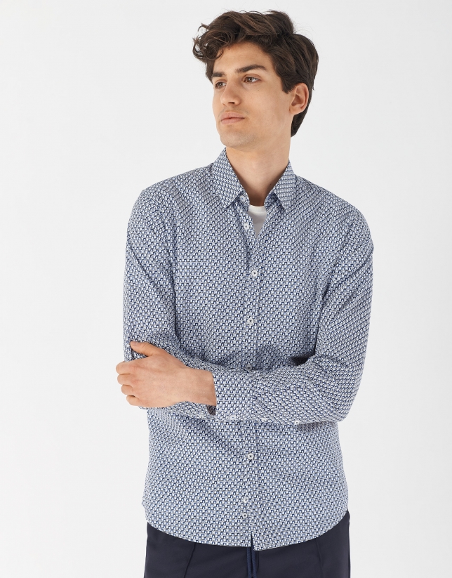 Light blue and dark blue geometric print sport shirt