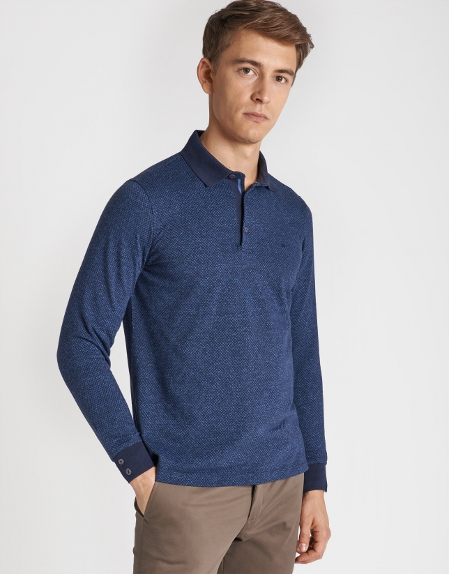 Navy blue and deep blue jacquard polo shirt with long sleeves