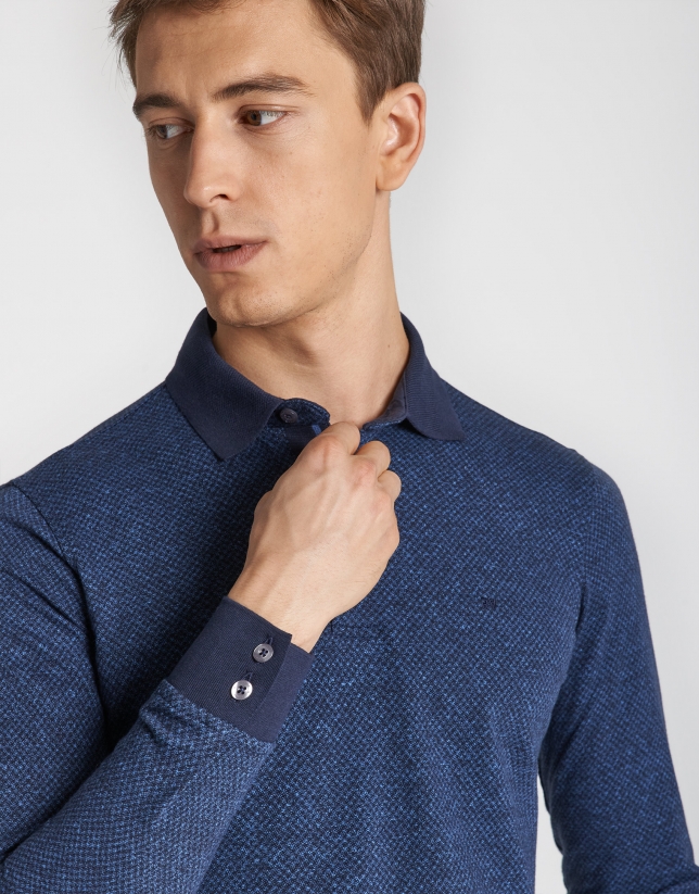 Navy blue and deep blue jacquard polo shirt with long sleeves