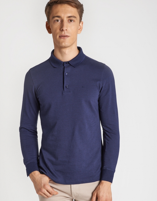 Navy blue and indigo diamond print jacquard polo shirt with long sleeves
