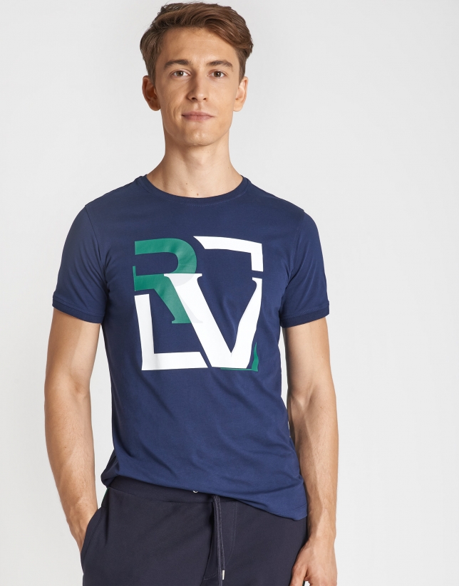 Camiseta manga corta marino serigrafía RV verde/blanco