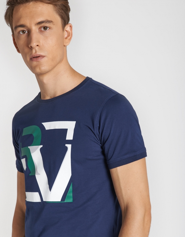 Camiseta manga corta marino serigrafía RV verde/blanco