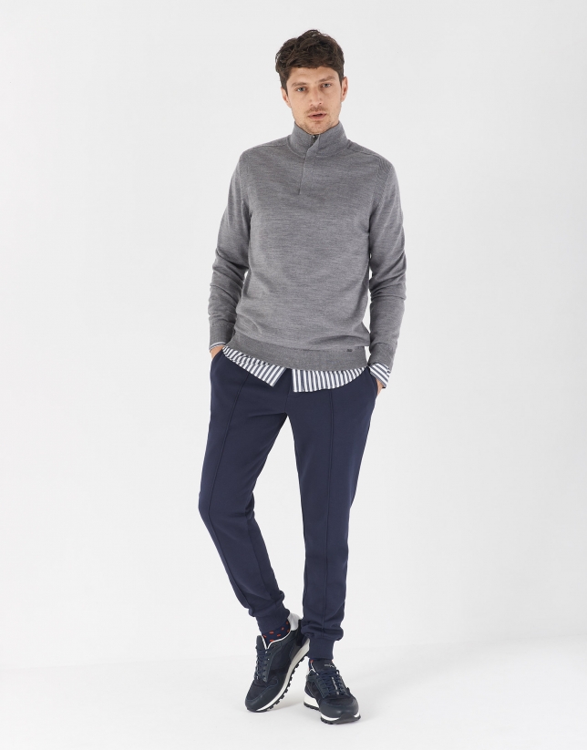 Gray melange sweater with high collar and zipper 