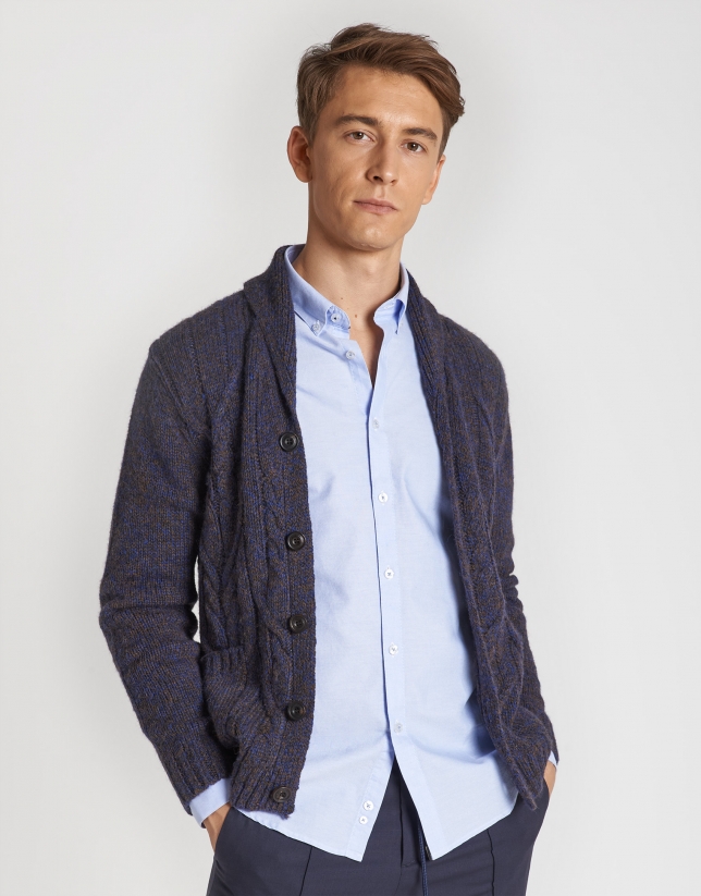 Blue and tan jacket with cable stitching and shawl collar