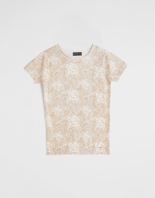 Camiseta manga corta beige estampado flores
