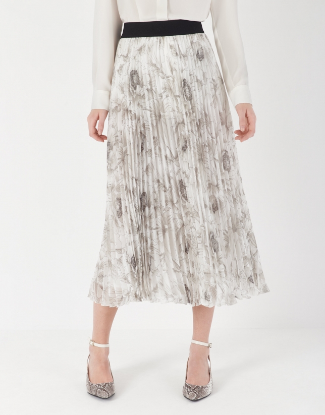 Beige floral print, long pleated skirt