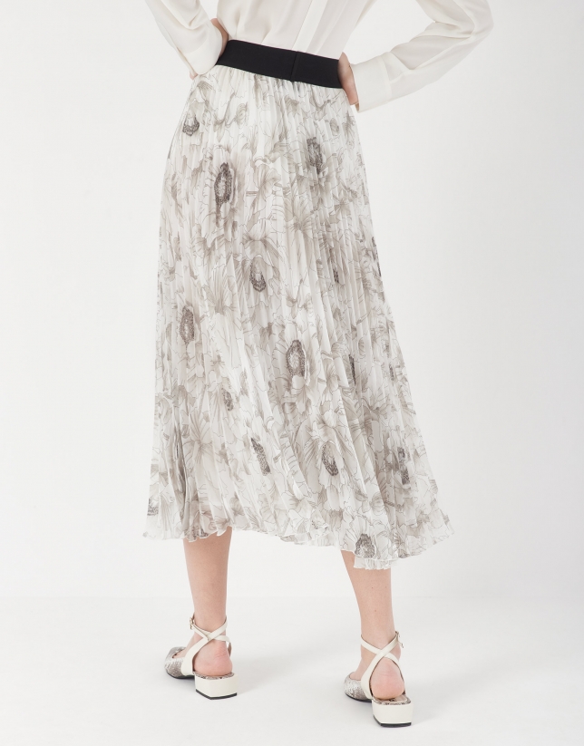 Beige floral print, long pleated skirt